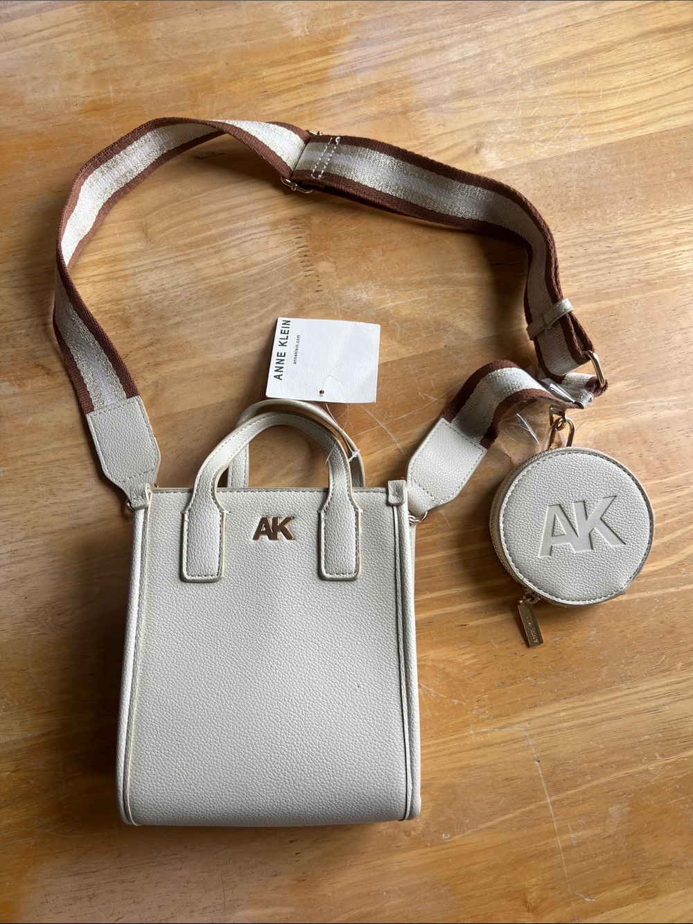 Anne Klein Cream Mini Tote with Striped Strap and Coin Pouch